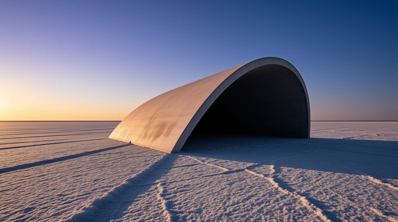 A curved concrete shell rests on a wide white plain while golden light strikes its left side under a clear blue sky.