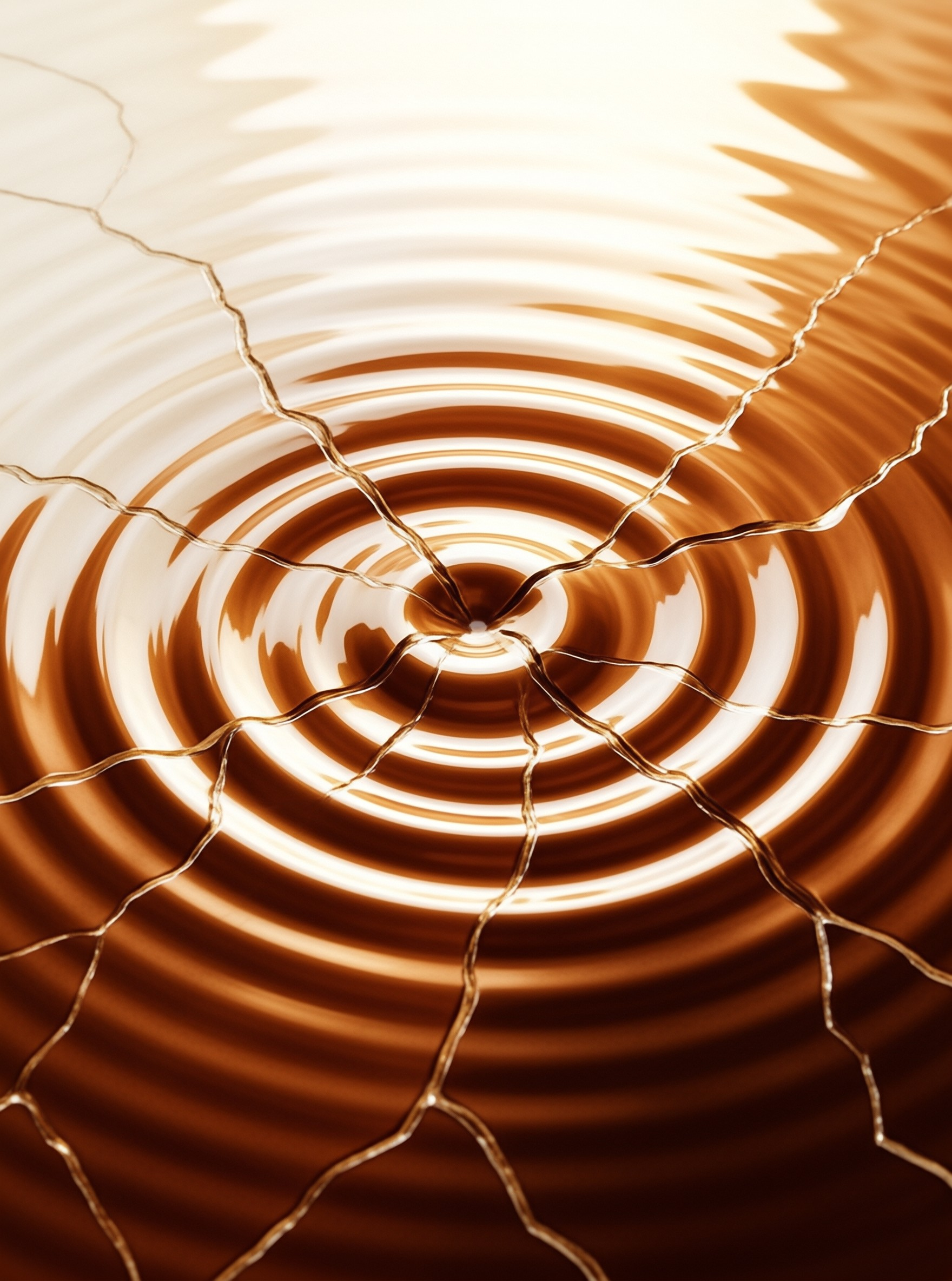 Concentric rings of brown liquid spread out from a central point where thin golden strands cross the surface.