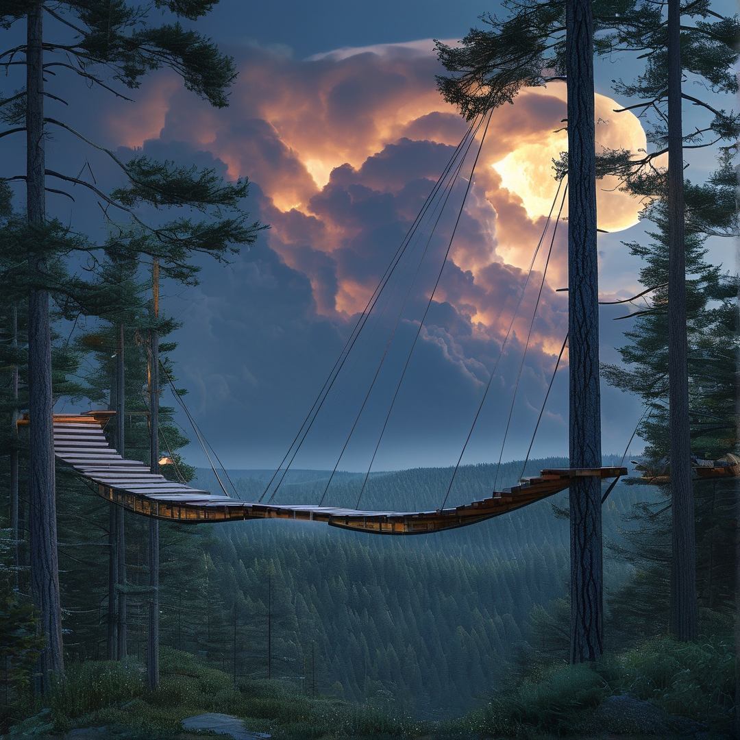 Wooden footbridge hangs between pine trees above a dark forest valley, the bright full moon shines through golden dusk clouds.