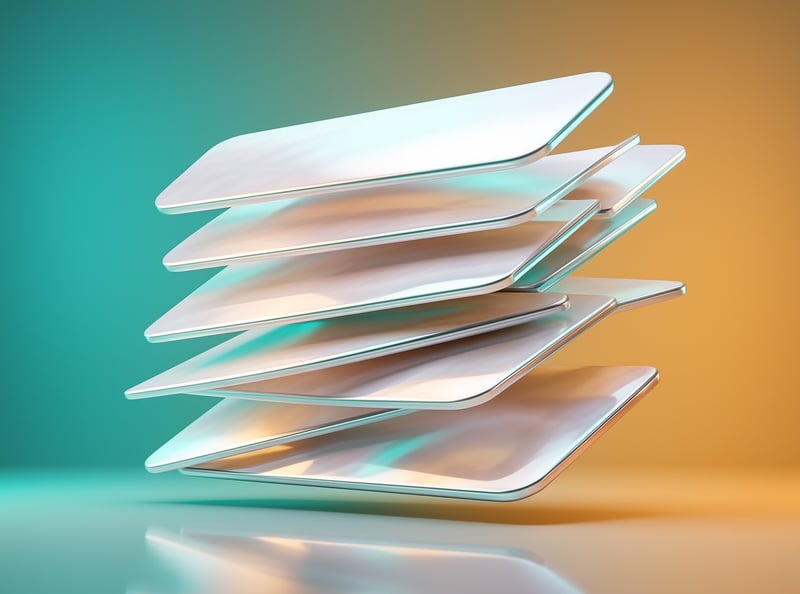 Several translucent rectangular panels float at slight angles against a smooth teal to amber backdrop.
