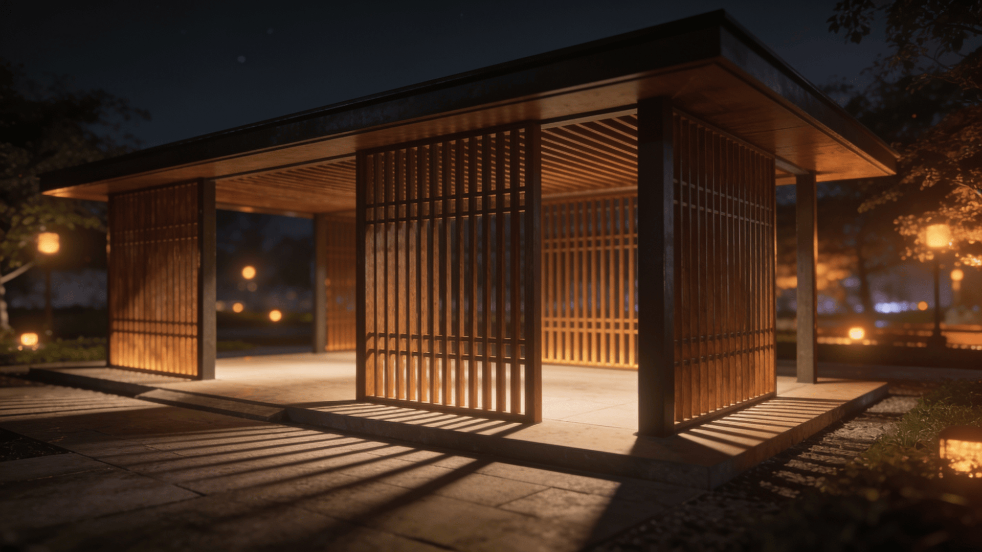 Pavilion with Wooden Lattice — Night With Warm Lights