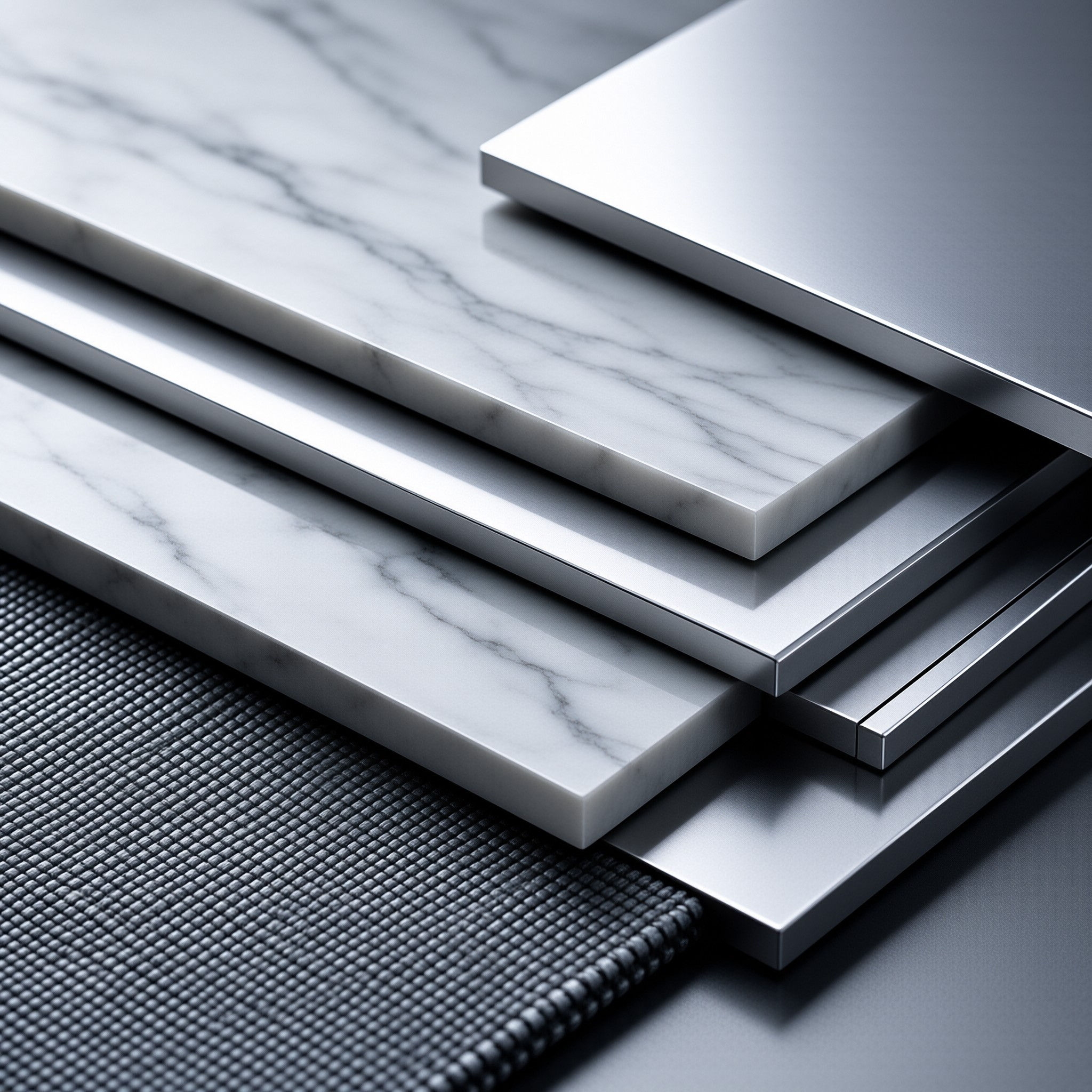 Layered samples of white veined stone, brushed metal panels, and dark textured mats arranged diagonally with soft shadows.