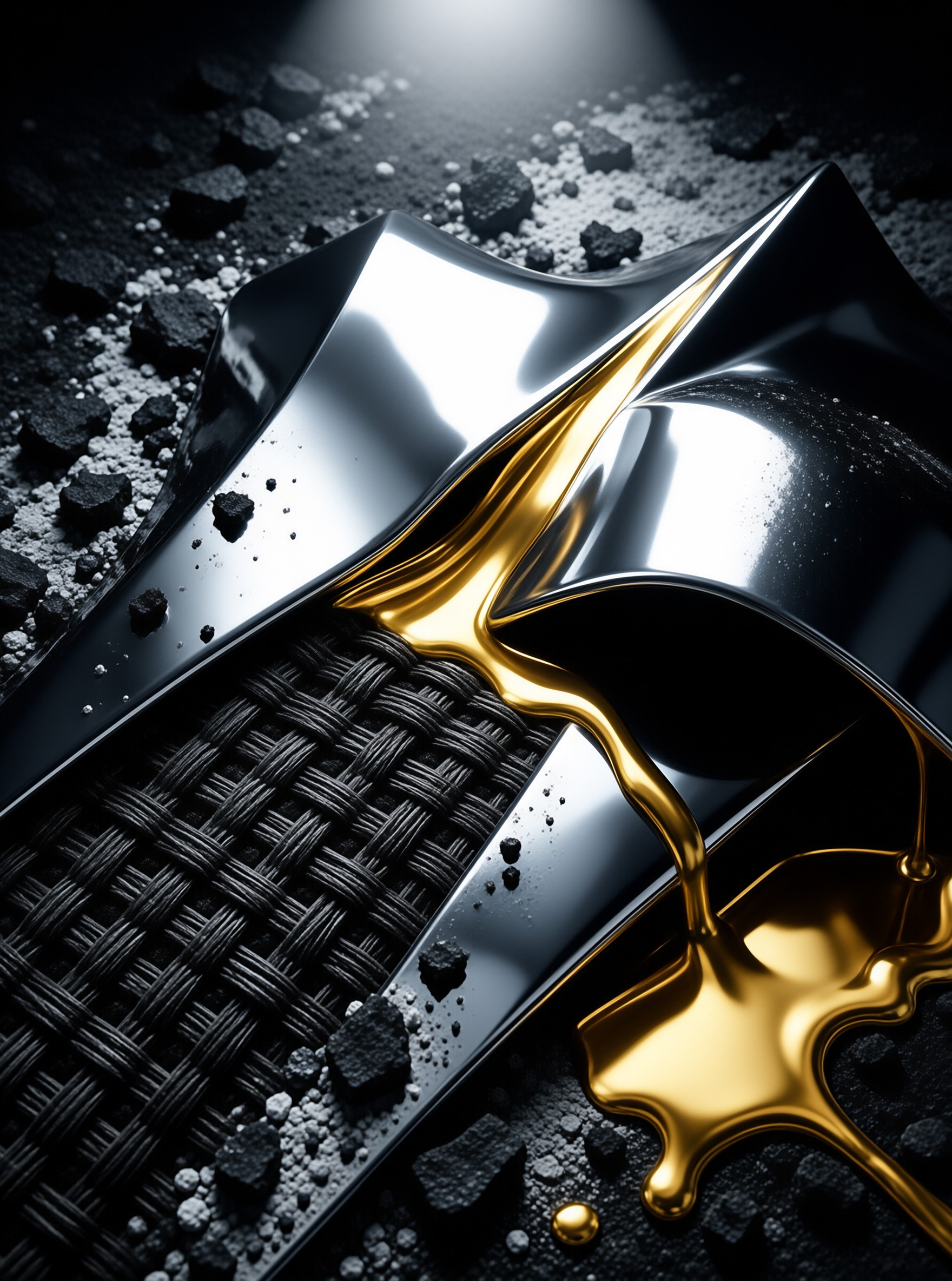 Glossy black metal sculpture with flowing gold liquid on dark woven surface and rocky debris under dramatic light