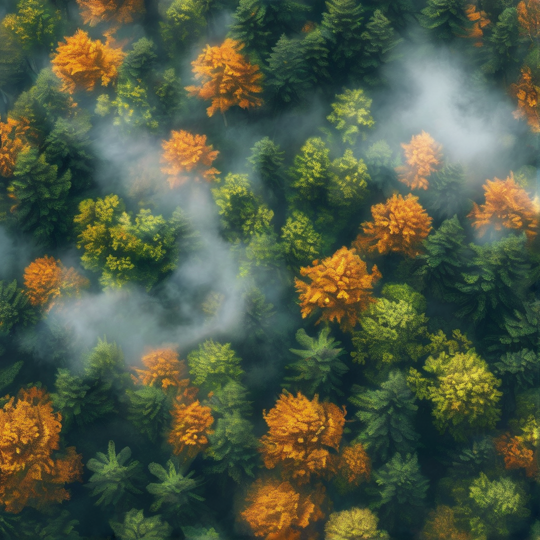 Aerial Misty Autumn Forest