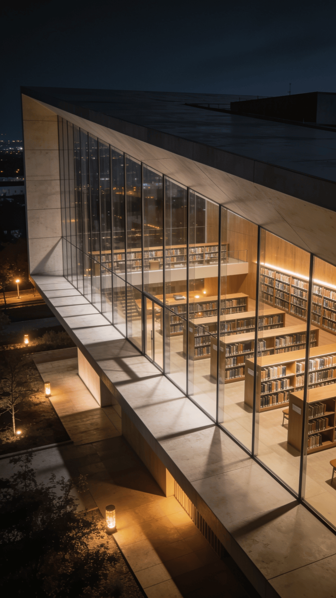 Library with Glass Curtain Wall — Night With Warm Lights