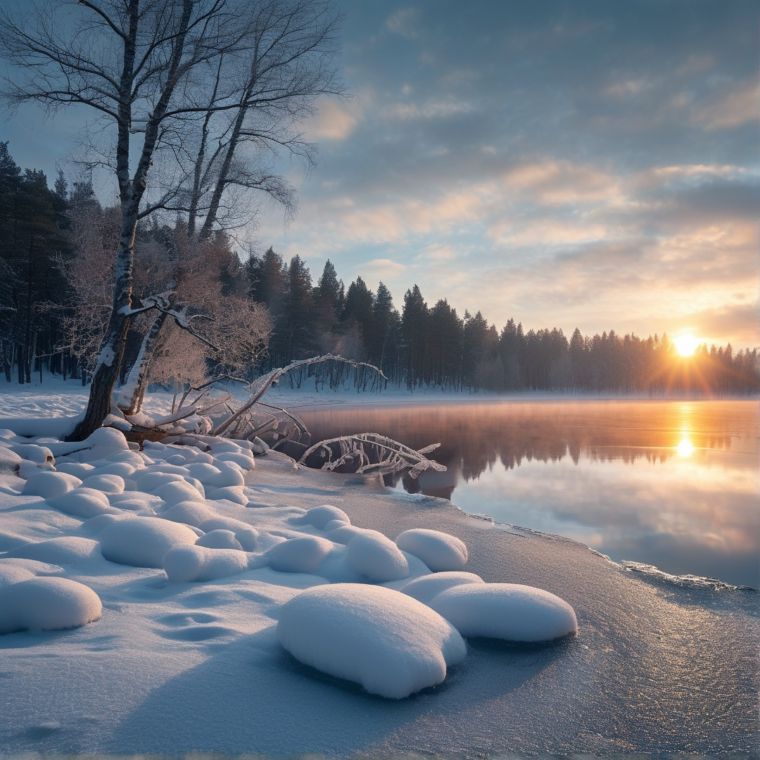 Snow-covered ground meets calm icy water while the sun dips low behind a dark forest line casting golden reflections.