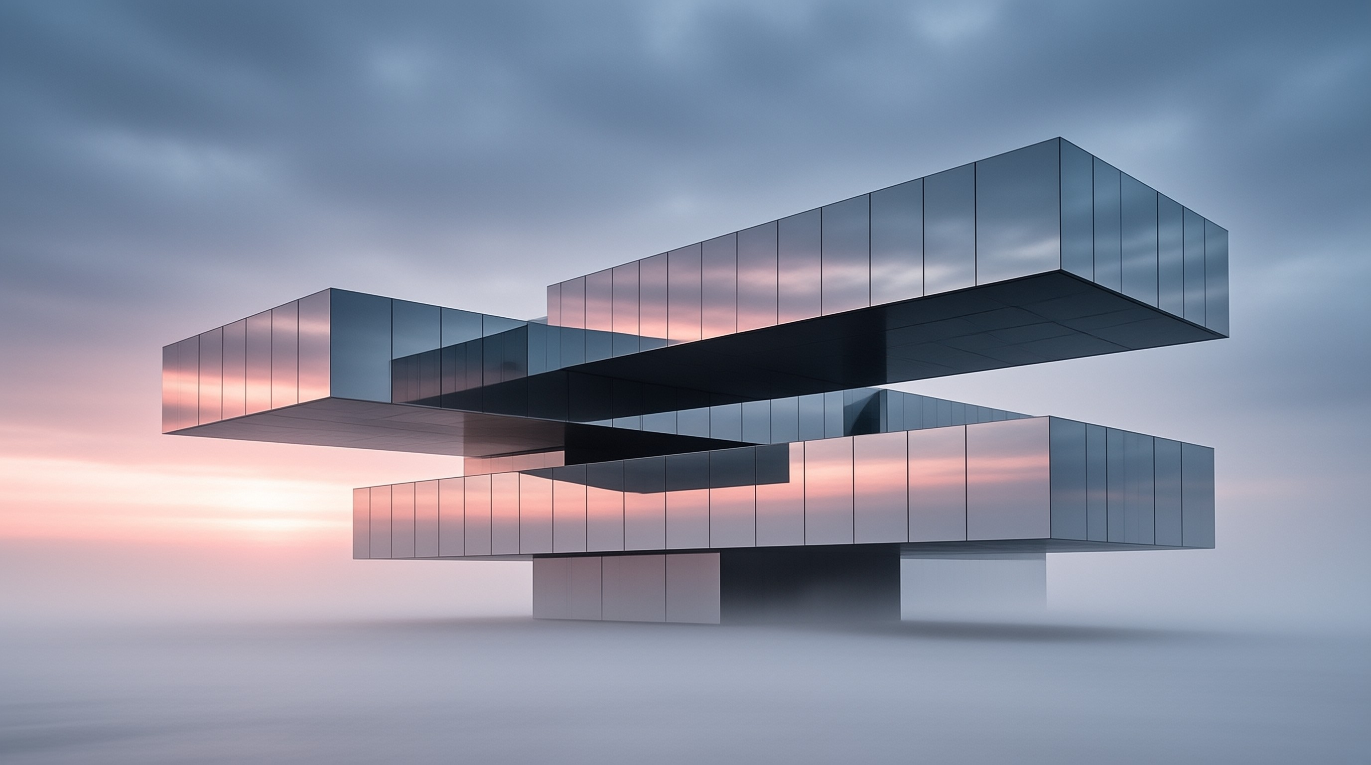 A large rectangular glass structure floats above dense fog while reflecting the soft colors of a twilight sky.