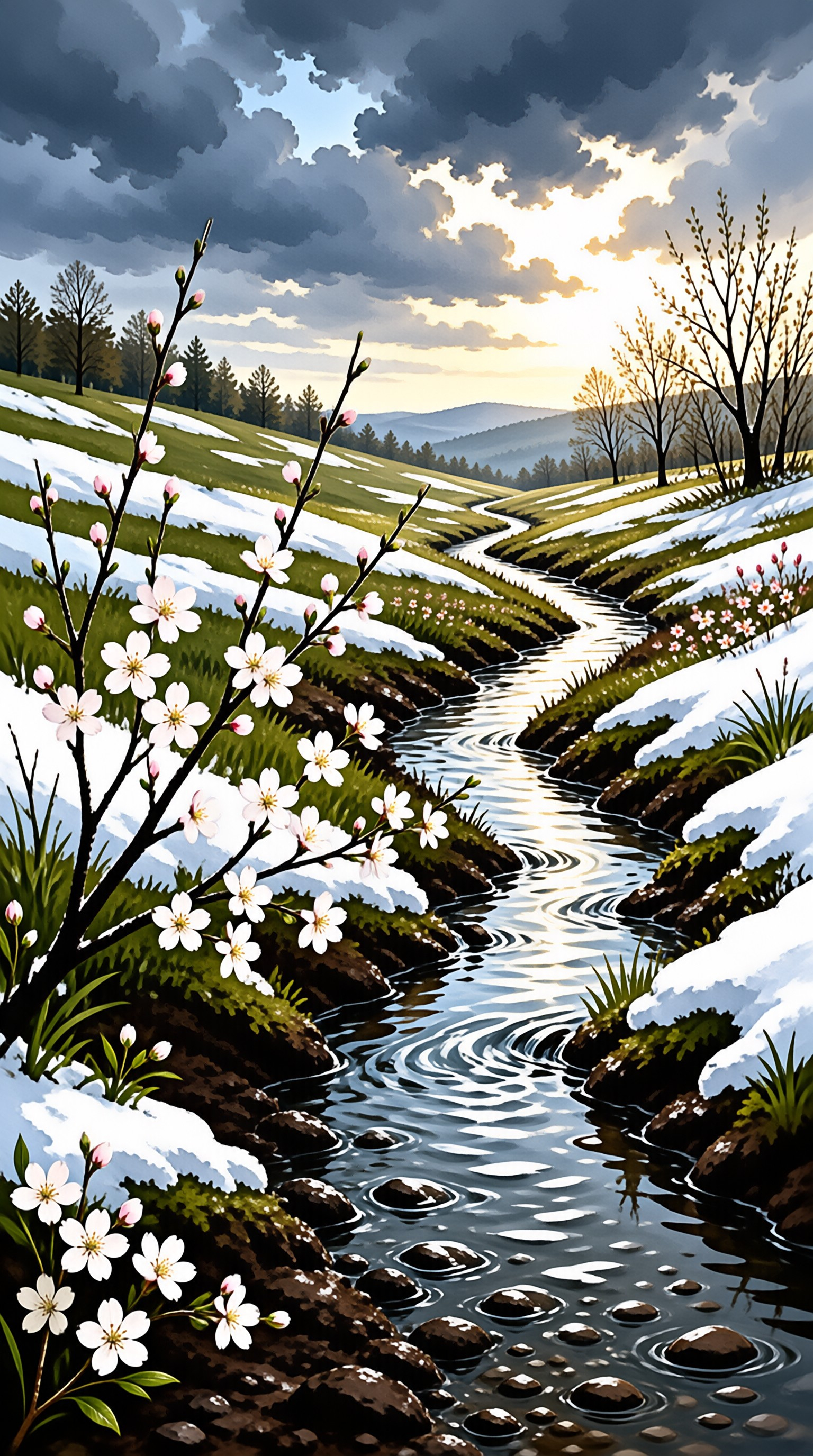 White cherry blossoms bloom beside a winding stream cutting through grassy hills with melting snow under a dramatic sky.