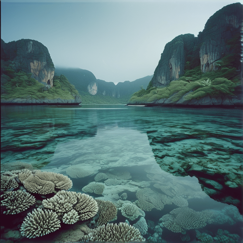 White coral formations sit on the sandy floor of a turquoise bay with steep green mountains rising in the misty distance.