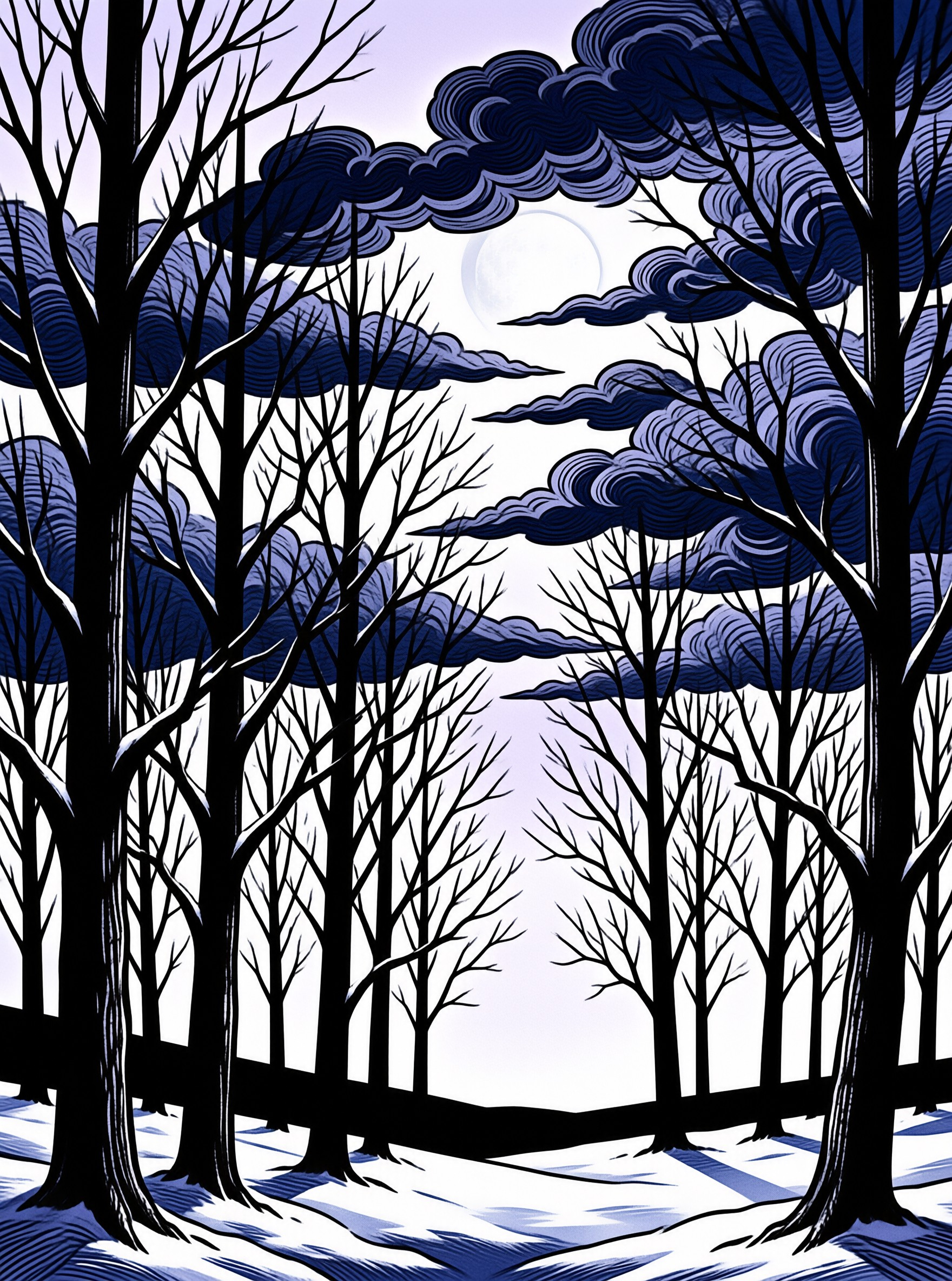 A linocut style print of bare black trees against a pale lavender sky with dark swirling clouds and a moon