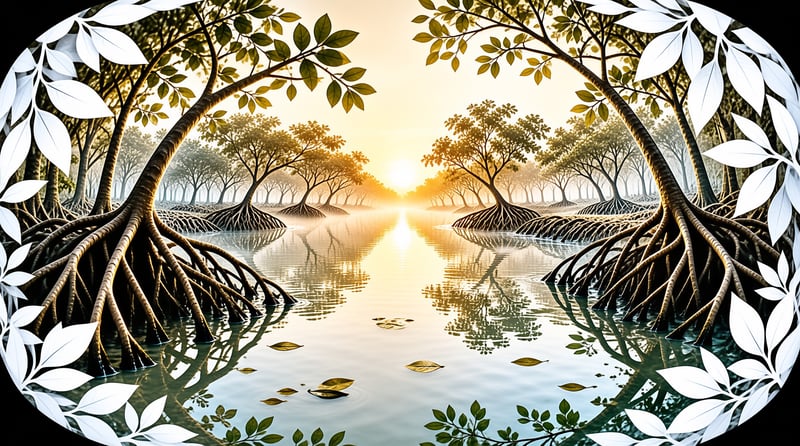 Exposed mangrove roots line a calm water channel reflecting the bright sun between rows of trees.
