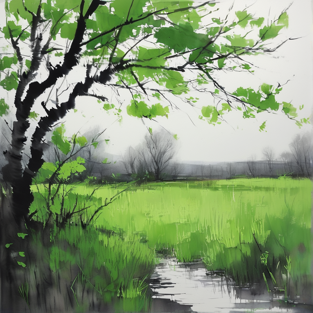 A dark-trunked willow tree frames a bright green wet meadow with a reflective path cutting through tall grass in hazy light.