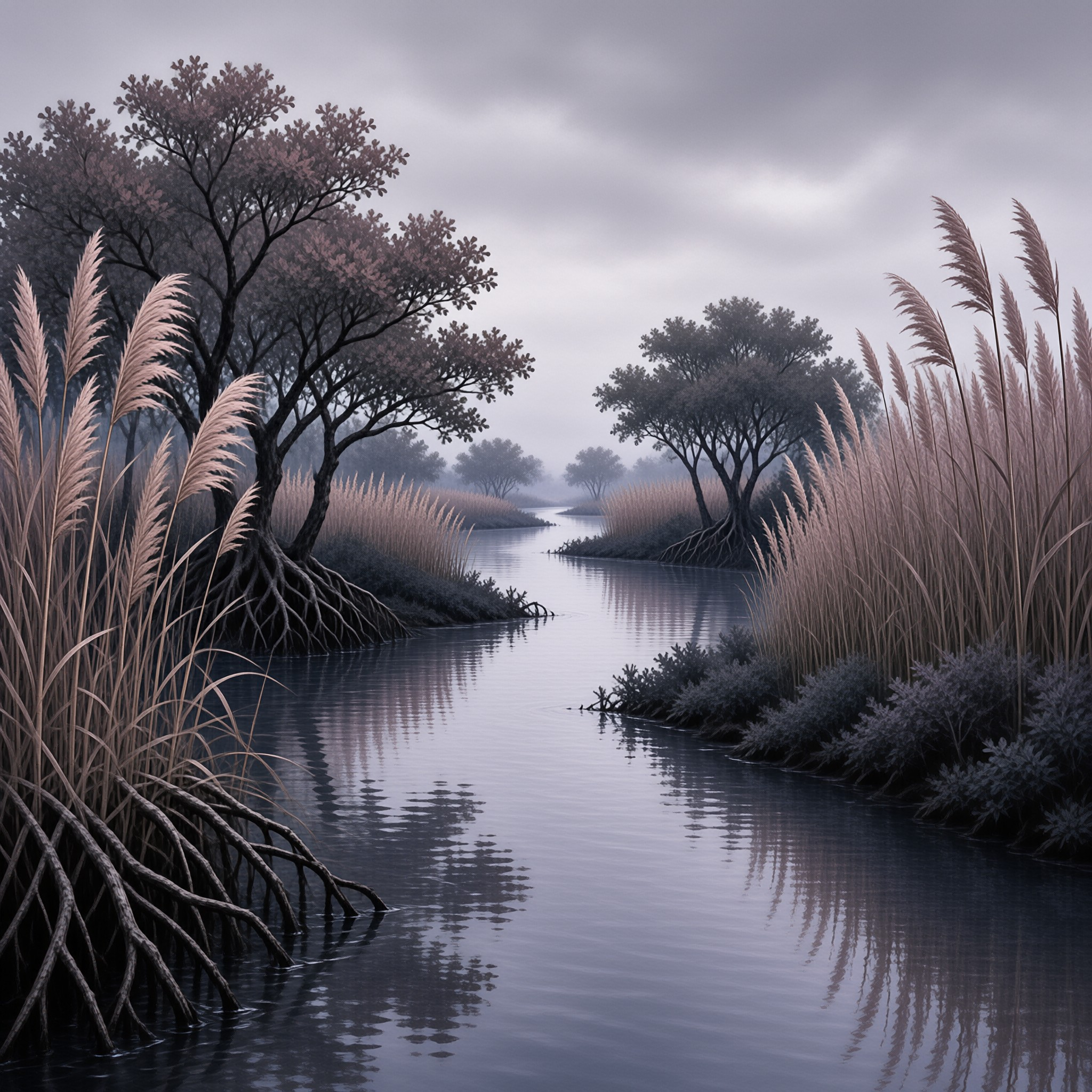 A calm stream winds between dense reeds and trees with exposed roots under an overcast sky.