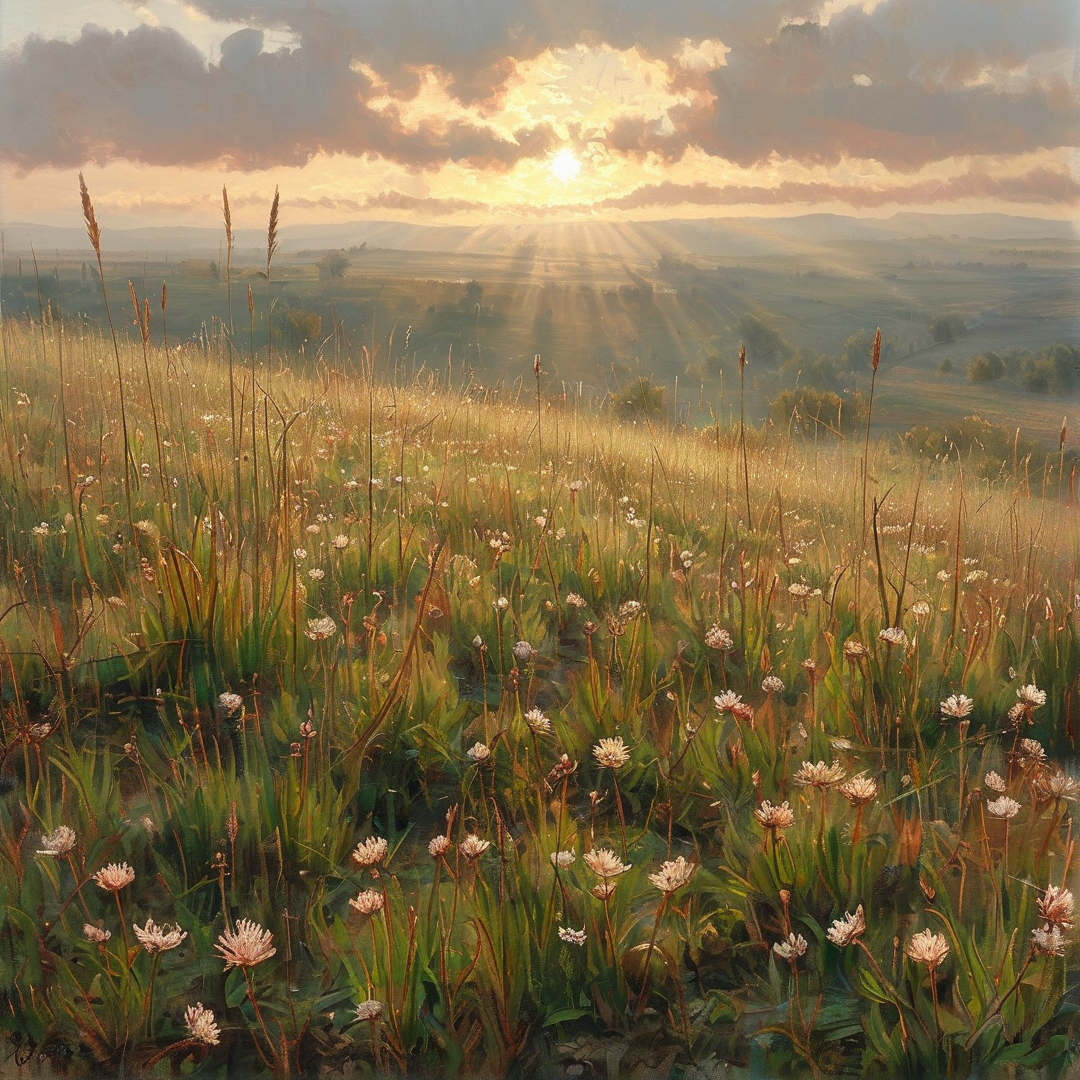 Sunset over a grassy meadow