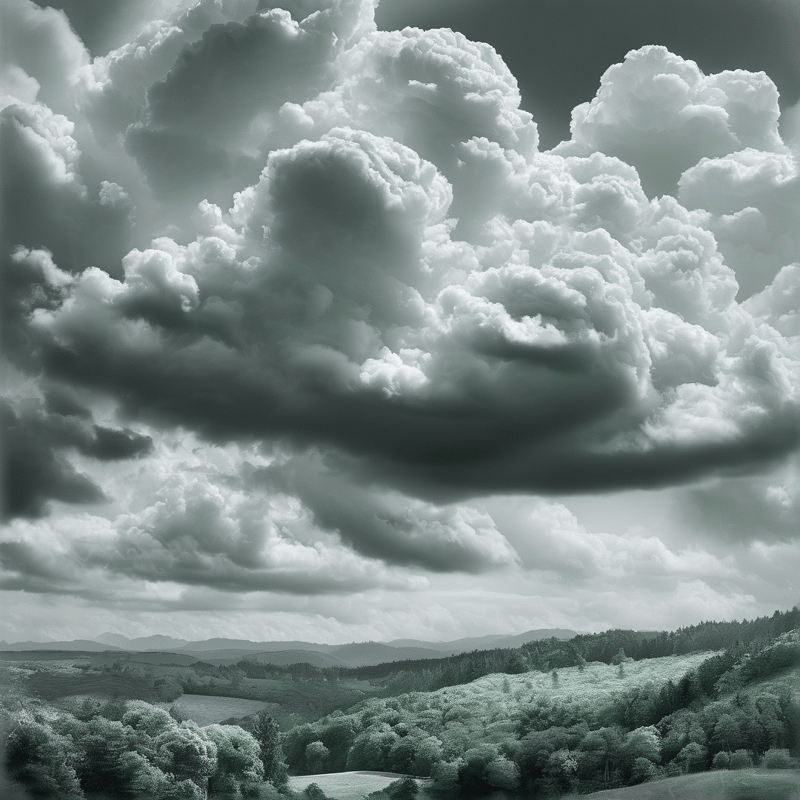 Massive cloud formations hover above a valley of green forests and fields under a dramatic overcast sky.