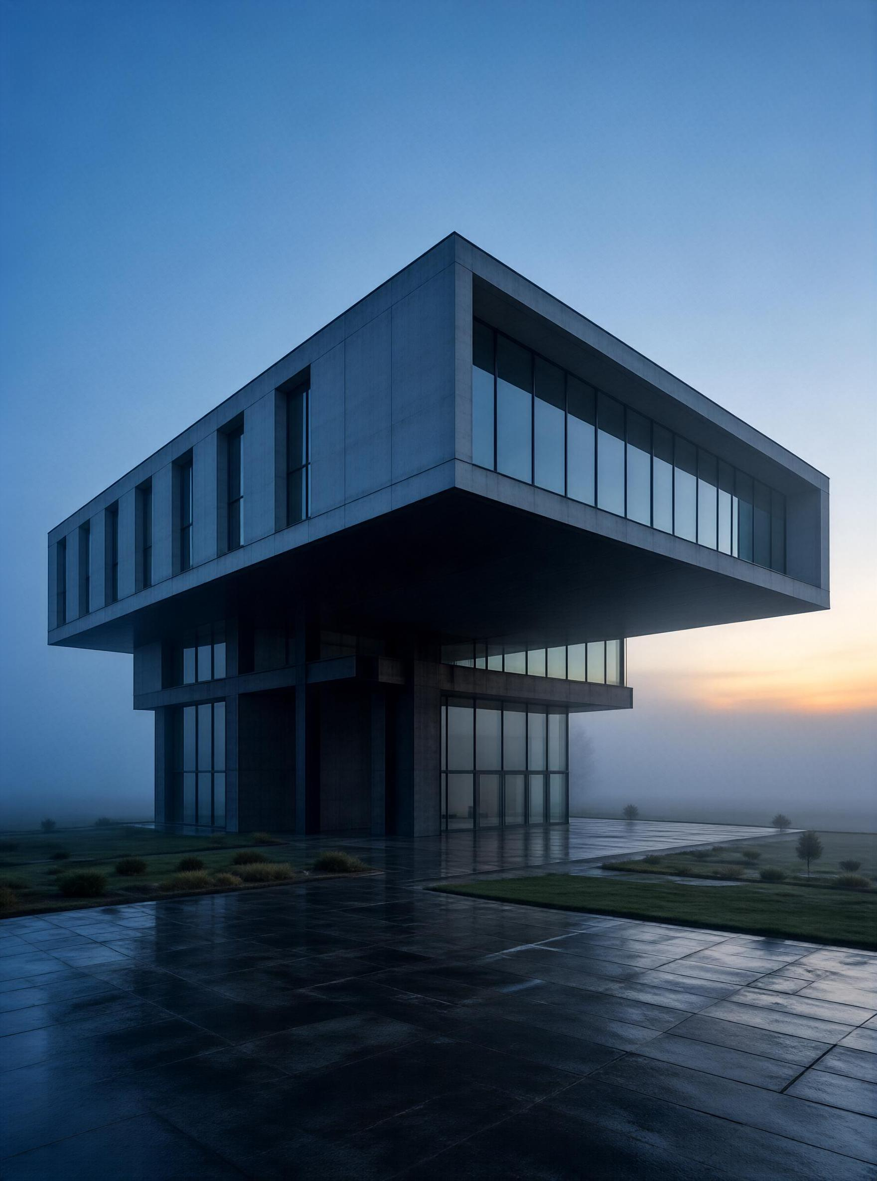 Modernist Building in Fog