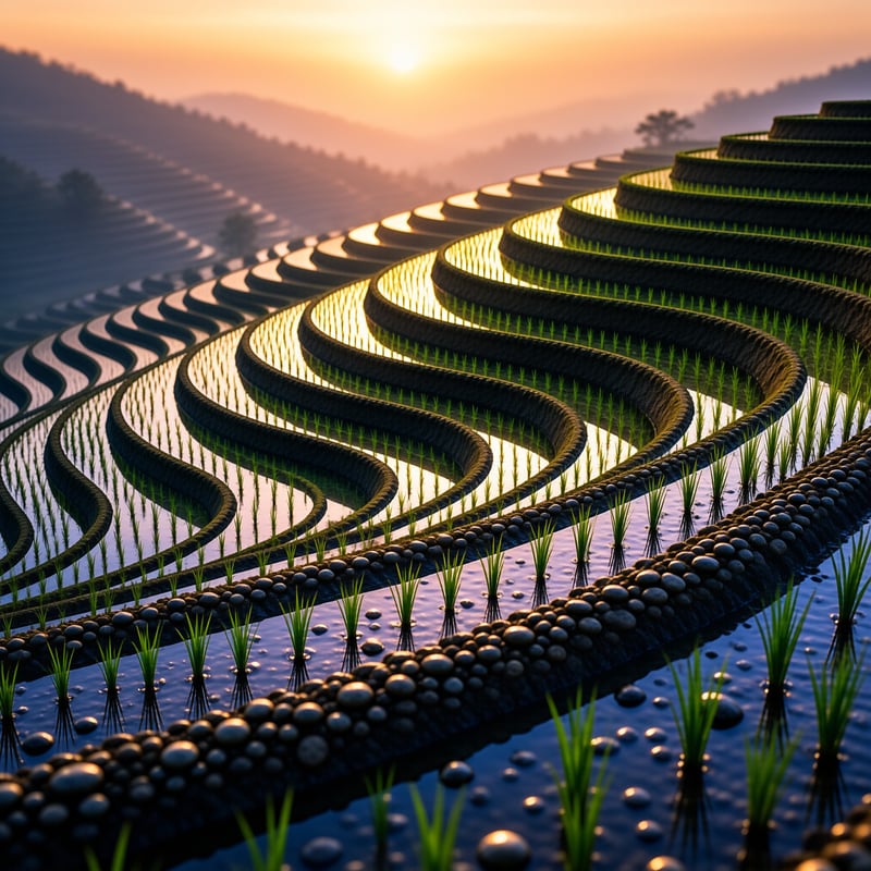 Curved paddy terraces step down a misty hillside, each flooded pool mirroring the warm glow of a low sun.