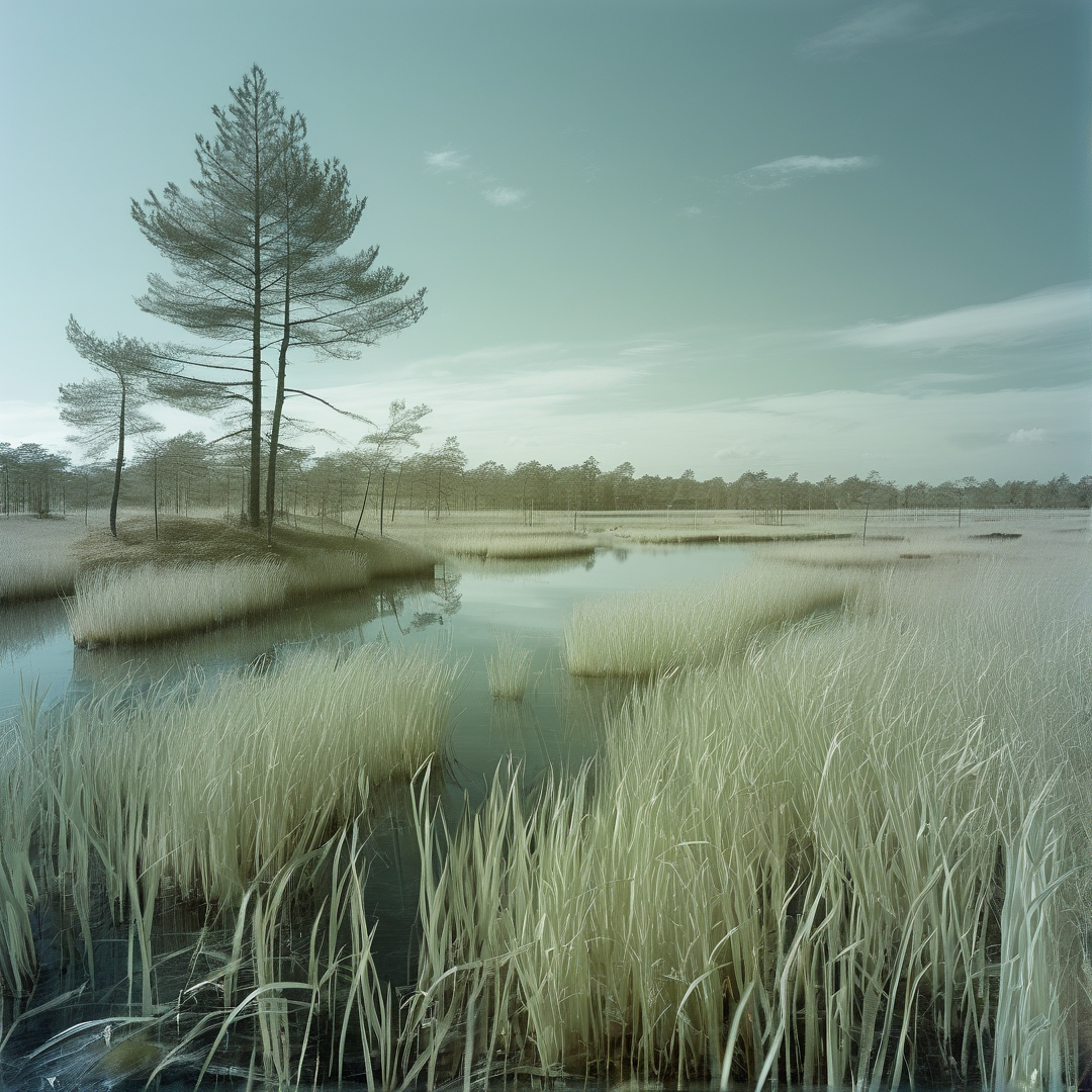 Tall conifers rise from a grassy island surrounded by still water and reeds under a hazy sky.