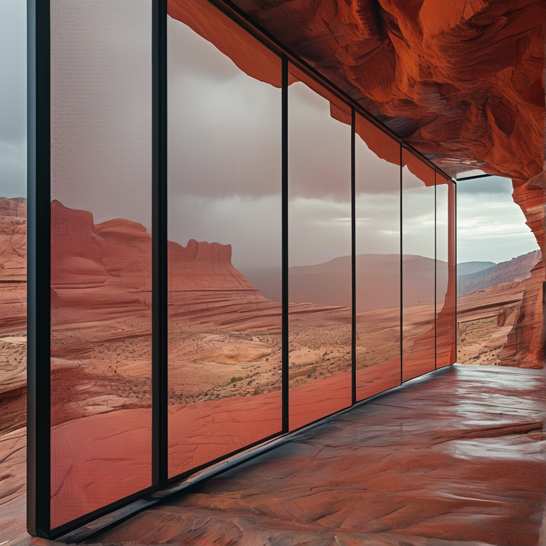 A panoramic view through floor to ceiling glass panels revealing red desert mountains beneath a cloudy sky.