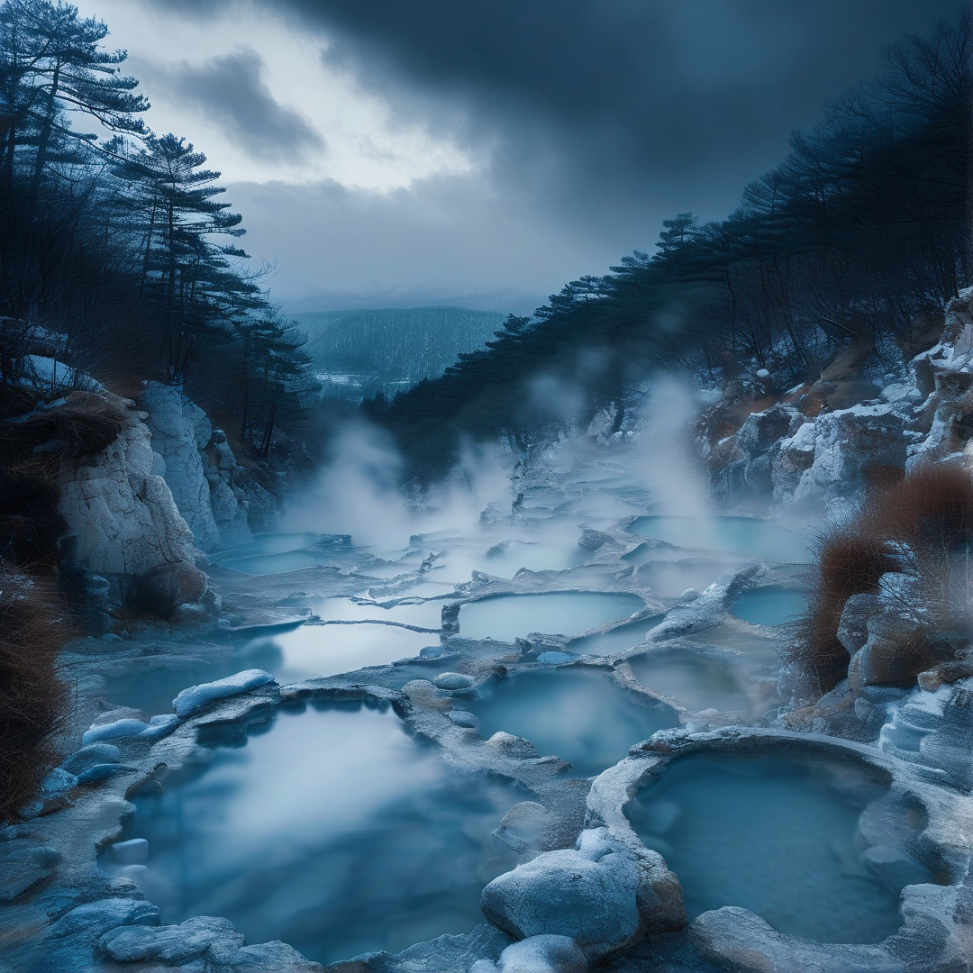Steam rises from pale blue mineral pools carved into rocky terraces beside evergreen slopes.