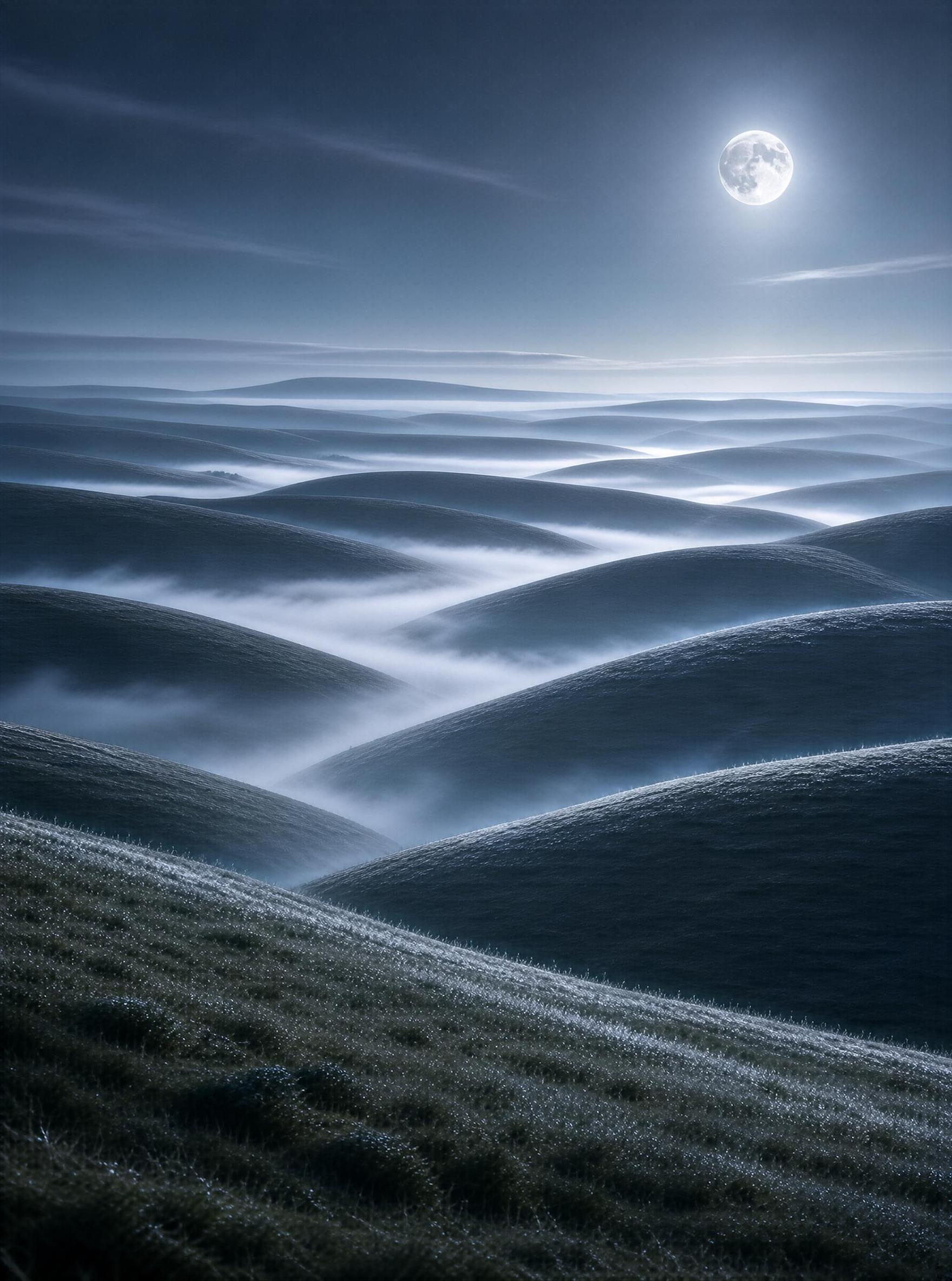 Misty Hills Under Full Moon