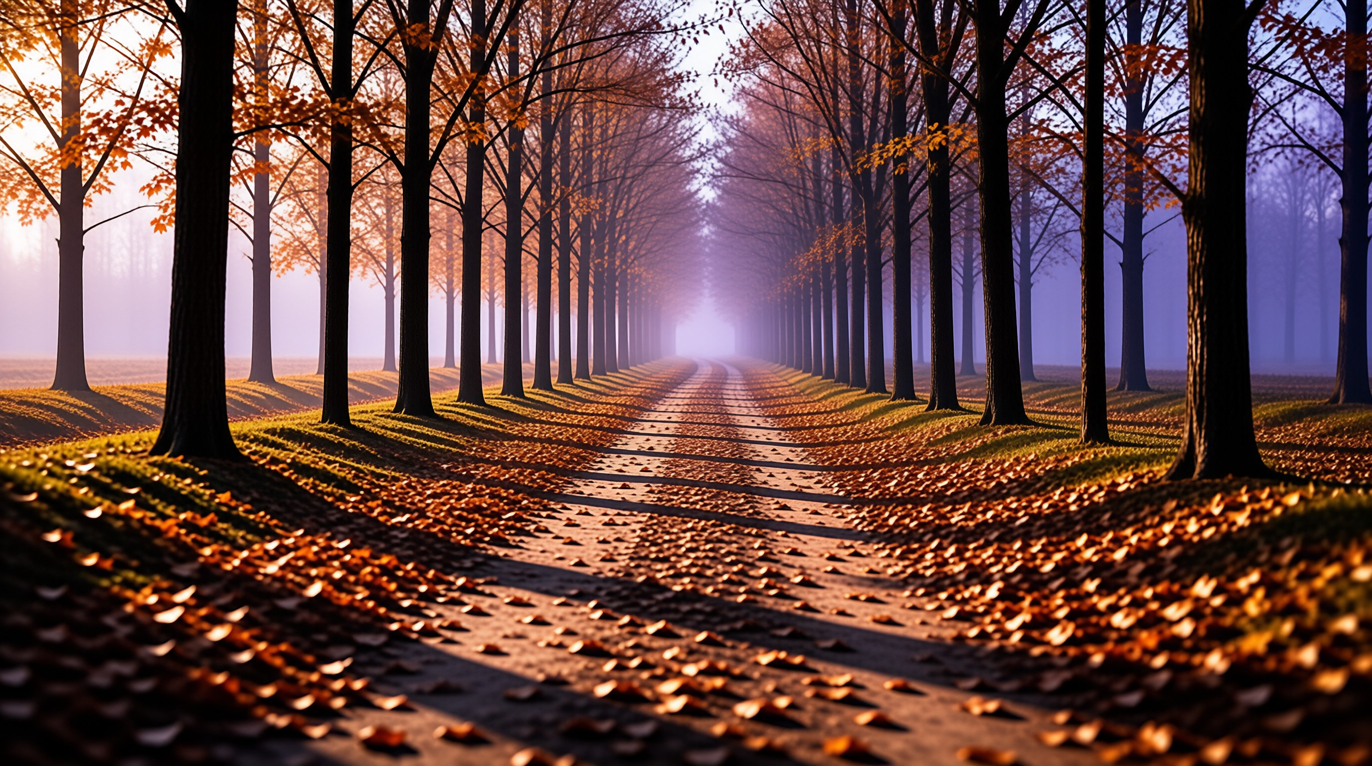 A long dirt road winds through a misty forest lined with tall trees dropping orange leaves in the morning sun.