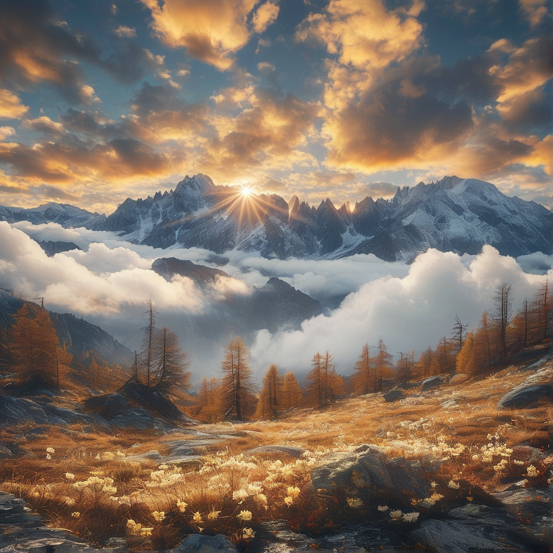 Snow capped mountains rise above thick clouds while sunlight shines from behind the highest peak.