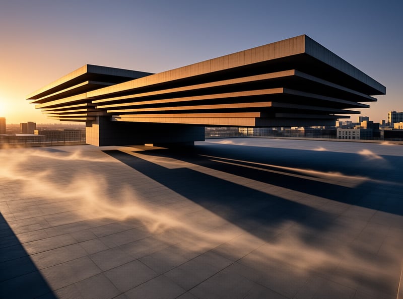 Layered architecture features stacked concrete elements on a paved plaza as sunlight stretches shadows across the surface.