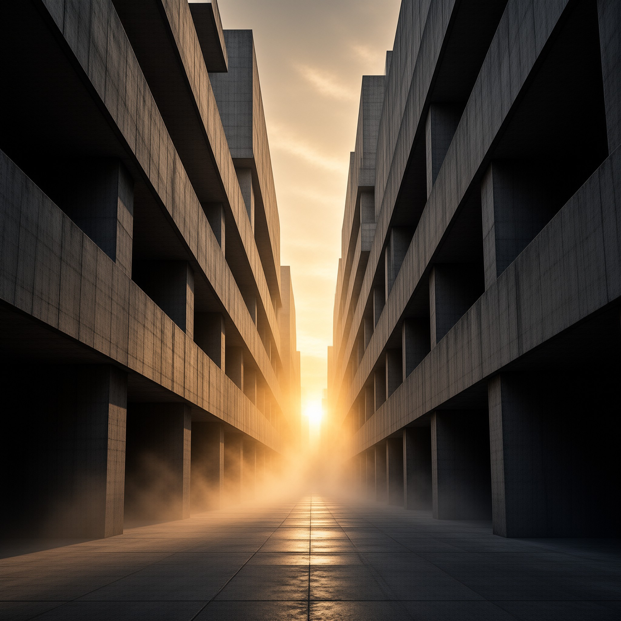 Symmetrical view of grey concrete structures with sun shining through fog
