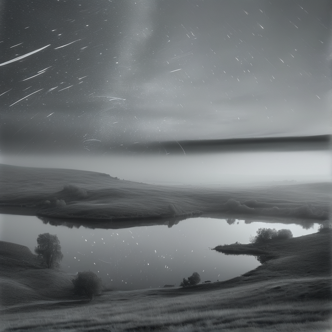 A black and white image shows streaks of stars in the night sky above a calm lake reflecting rolling hills and scattered trees.