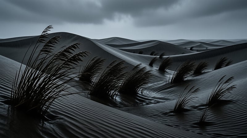 Dark tufts of windswept grass lean across rippled sand dunes while heavy grey storm clouds press low over the empty desert.