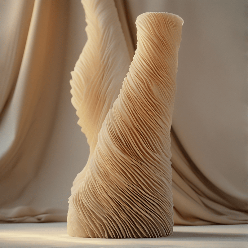 A tall beige sculpture featuring dense vertical pleats stands before draped cream fabric in soft diffuse lighting.
