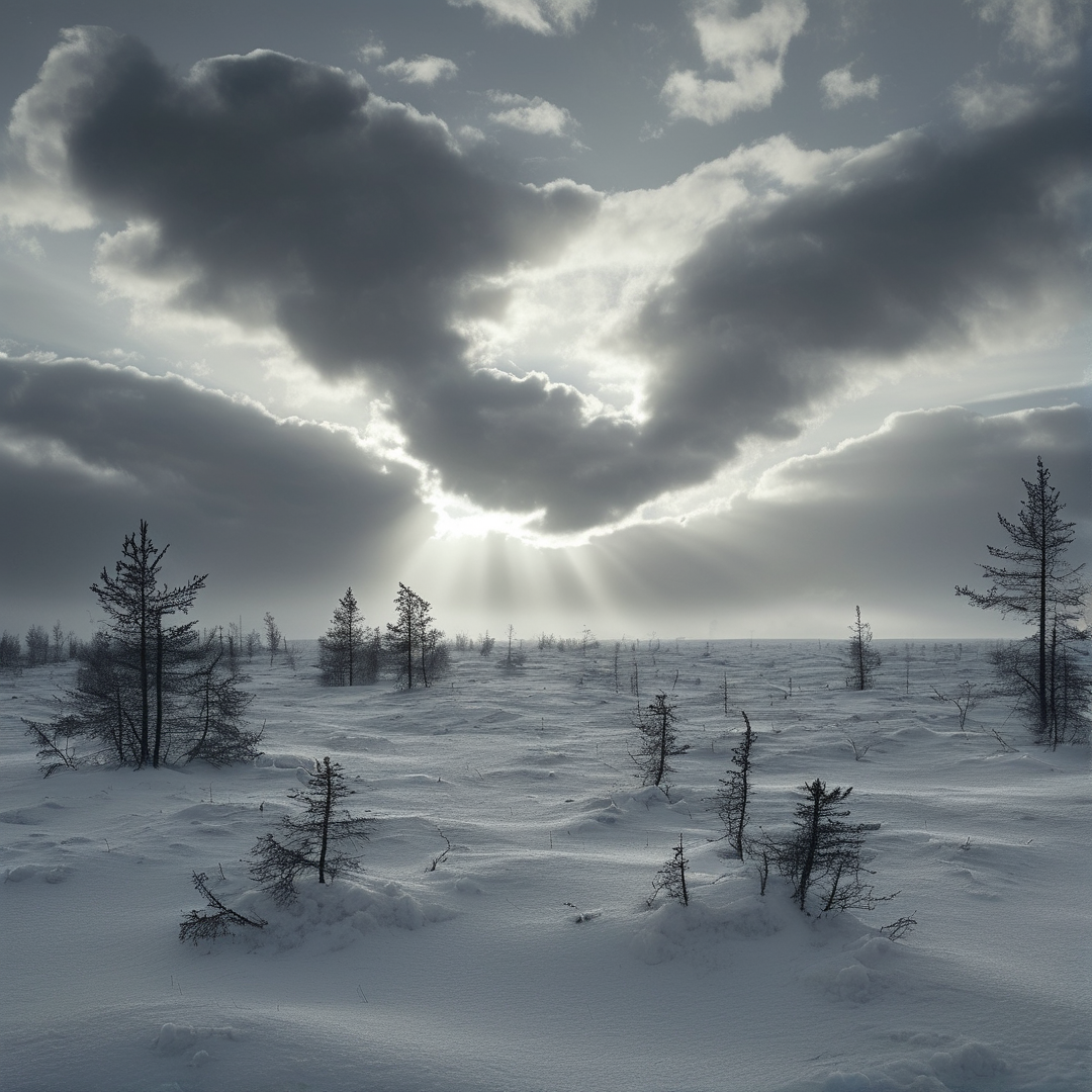 Snowy Landscape with Sun Rays