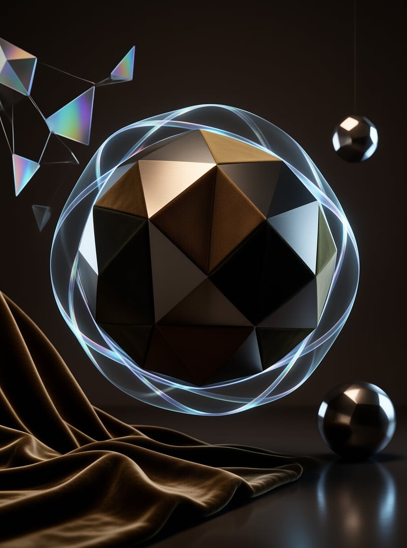 A dark faceted geometric object hovers inside a glowing ring surrounded by velvet fabric and chrome spheres.