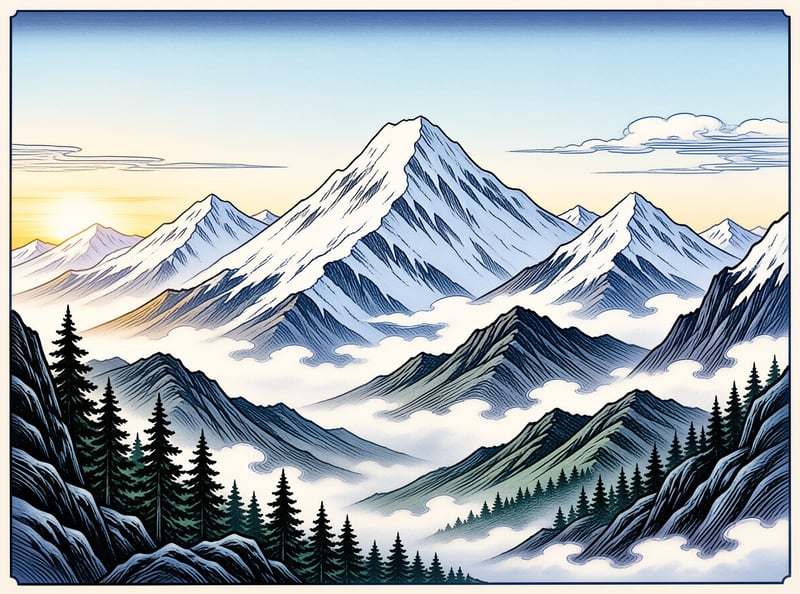 Stylized illustration of snow-covered mountains rising above pine forests and swirling clouds at sunrise.
