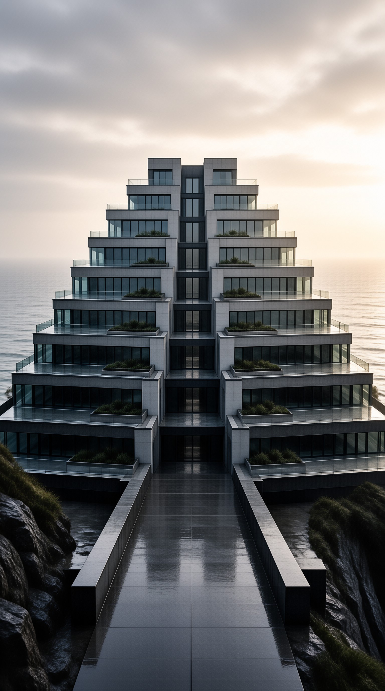 A symmetrical coastal tower with tiered levels and a reflective pathway stands against a sunset sky over the ocean.
