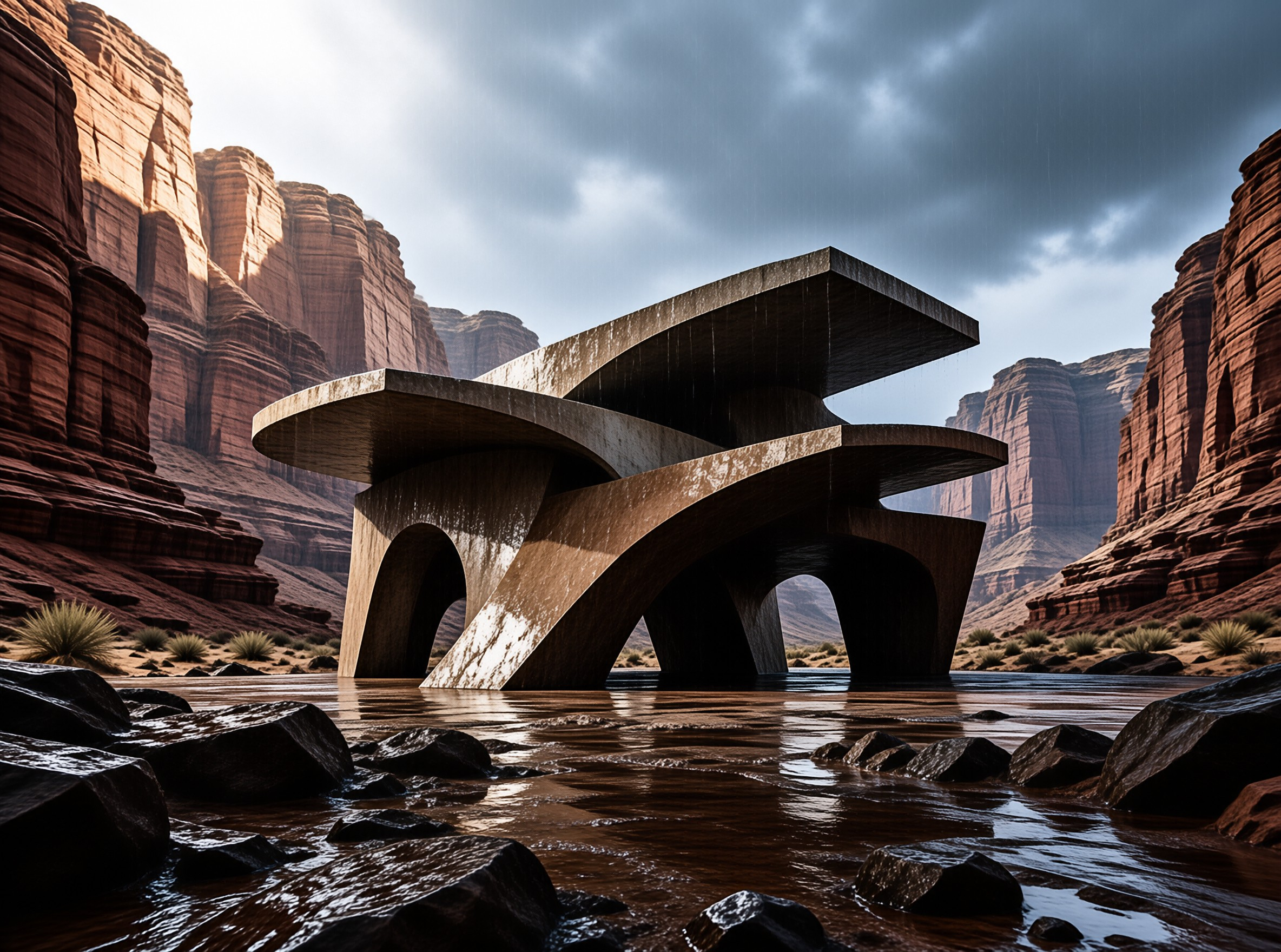 Sweeping curved concrete slabs rise from a shallow stream between towering sandstone cliffs under a stormy sky.