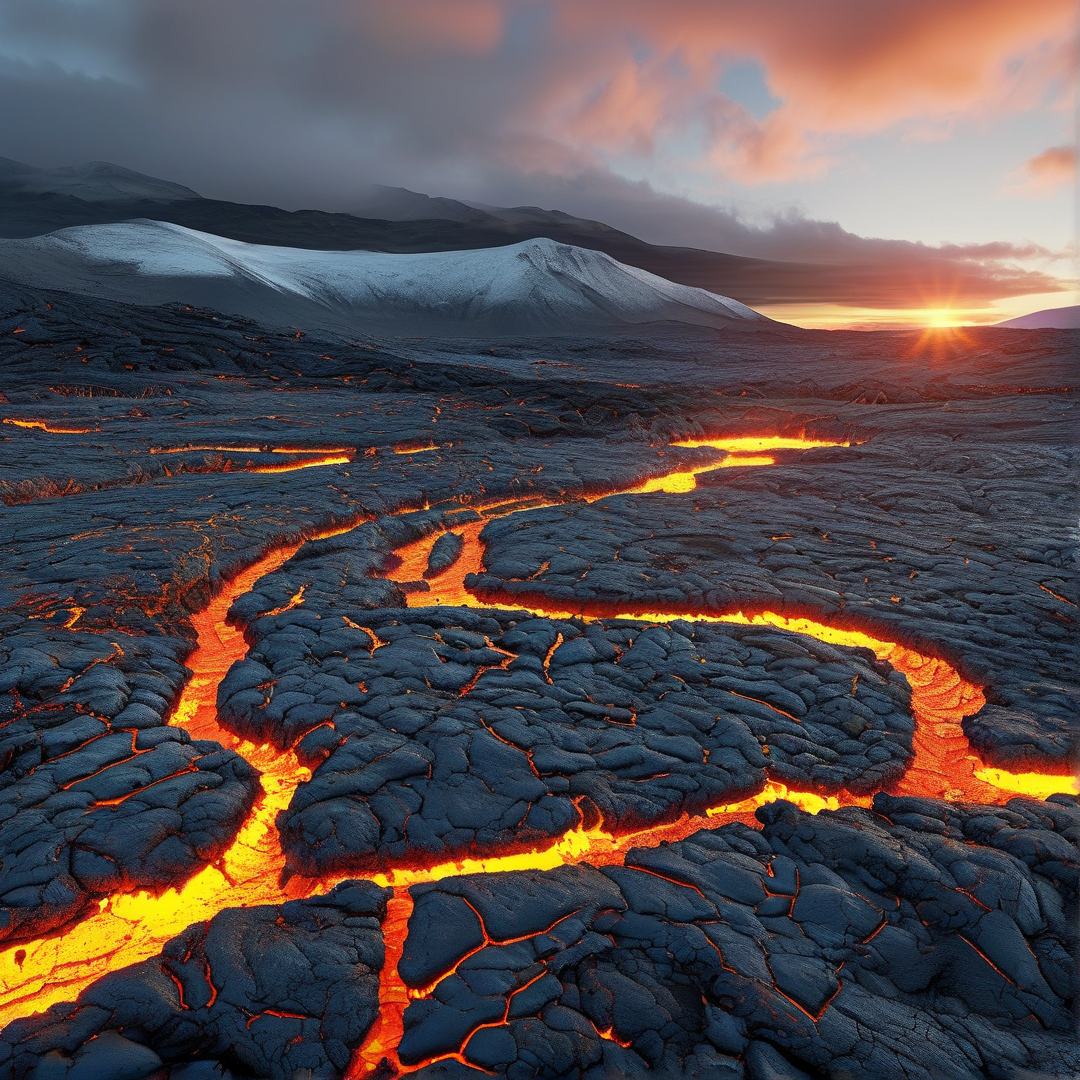 Volcanic Lava Flow at Sunset