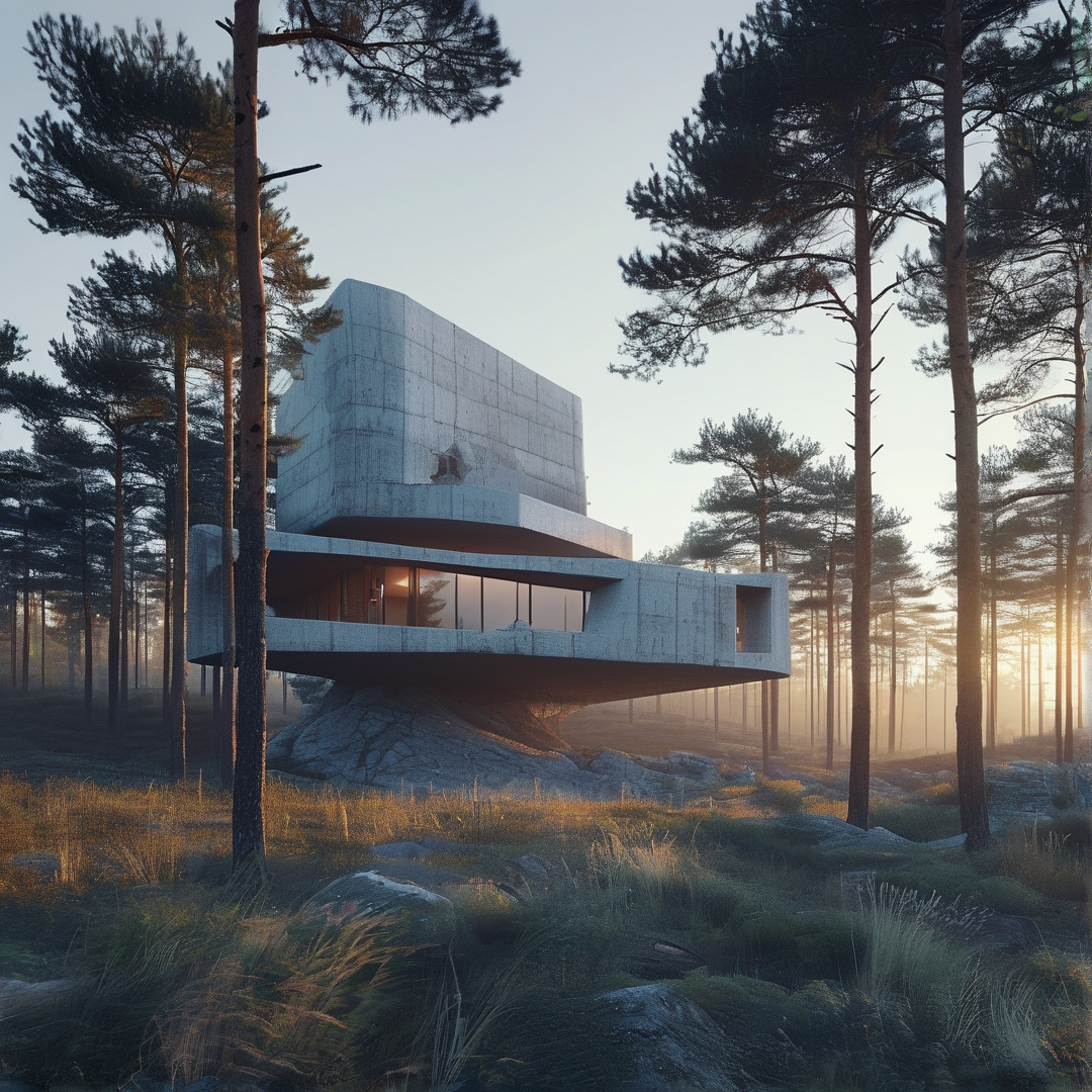 A modern concrete building rests on a rocky outcrop within a foggy pine forest during the warm light of early morning.