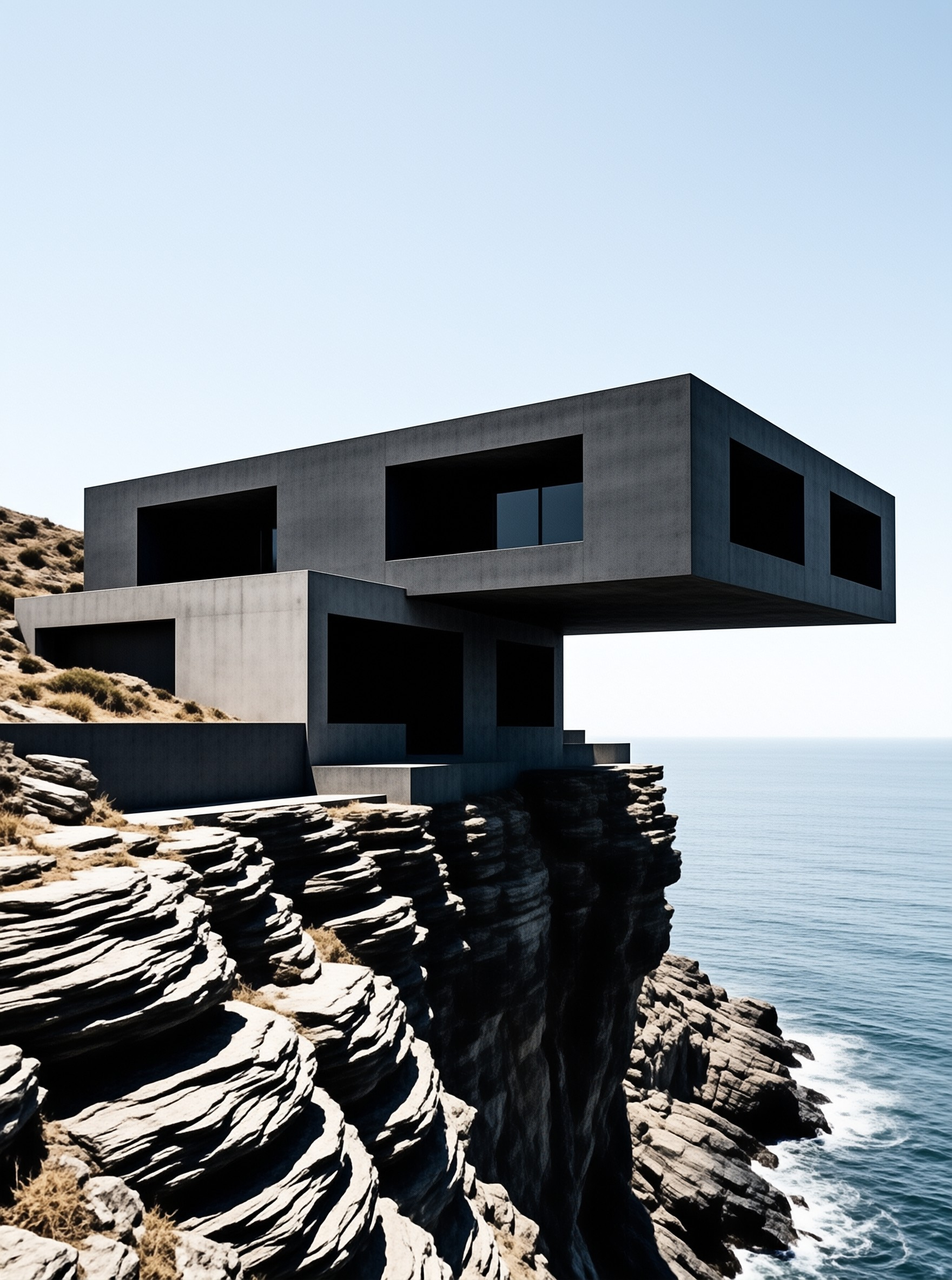 A dark modern dwelling juts over layered sea rocks beneath a clear pale sky.