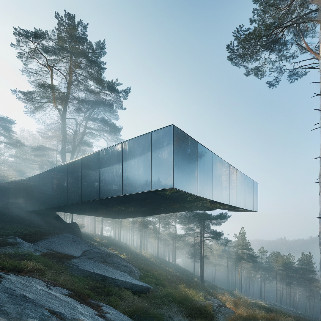 Reflective glass box structure perched on a rocky hillside surrounded by tall pines and thick morning mist