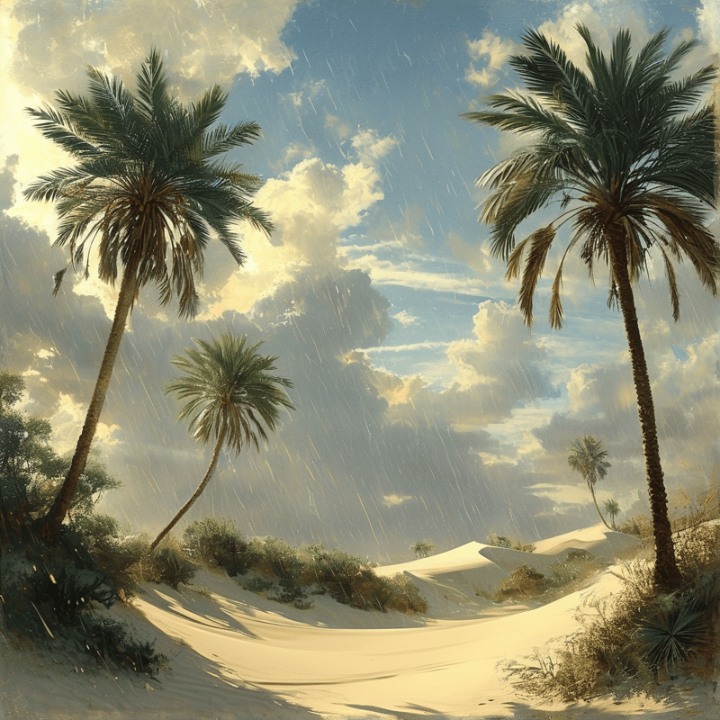 Tall palm trees stand on white sand dunes while heavy rain falls through a bright cloudy sky.
