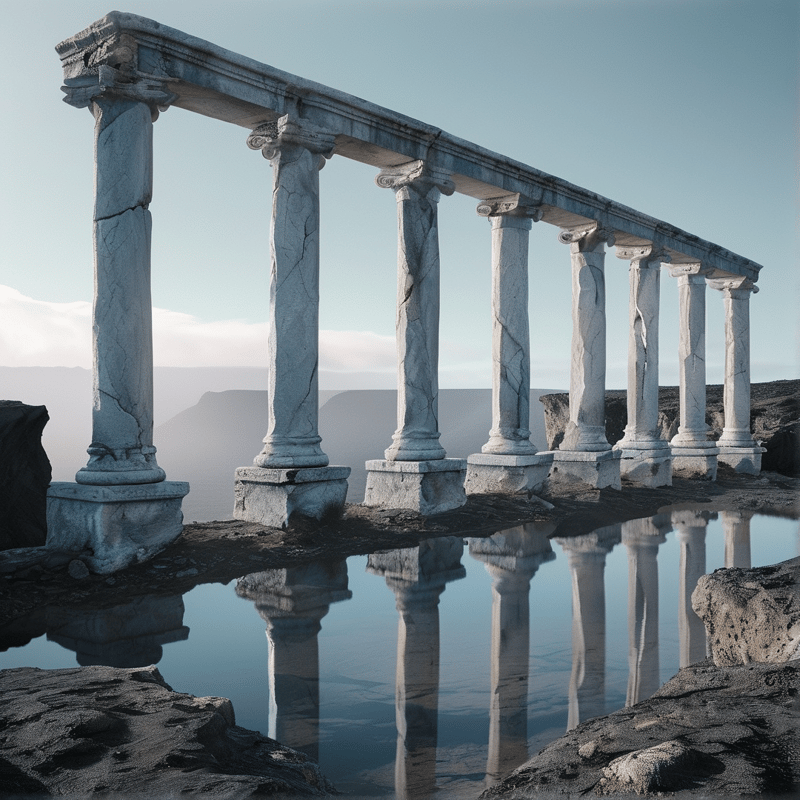 A line of cracked stone pillars stands above a puddle reflecting their silhouettes against a distant foggy horizon.