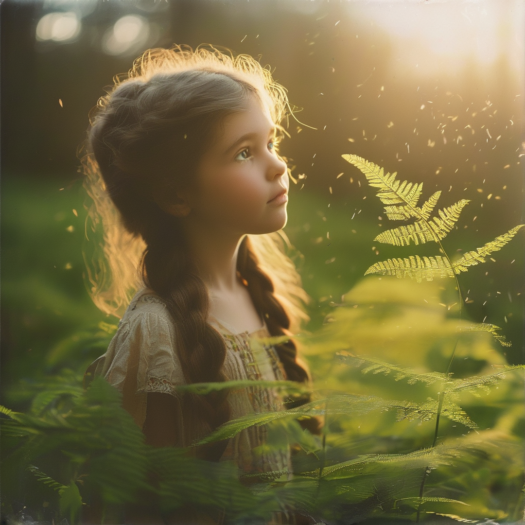 A young girl with braided hair gazes upward in a forest filled with ferns, bathed in soft golden sunlight.
