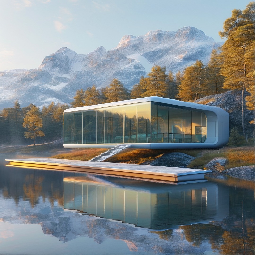 A sleek glass and white cabin overlooks a still alpine lake, framed by pine forest and snow topped mountains in warm dawn light.