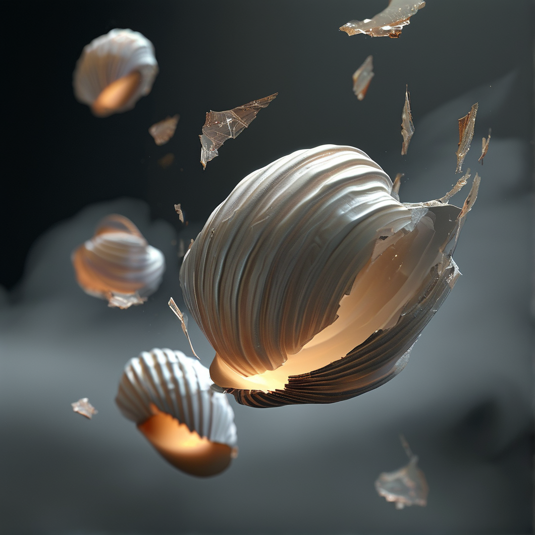 Floating ribbed objects emit warm amber light from within while surrounded by sharp fragments in a dark void.