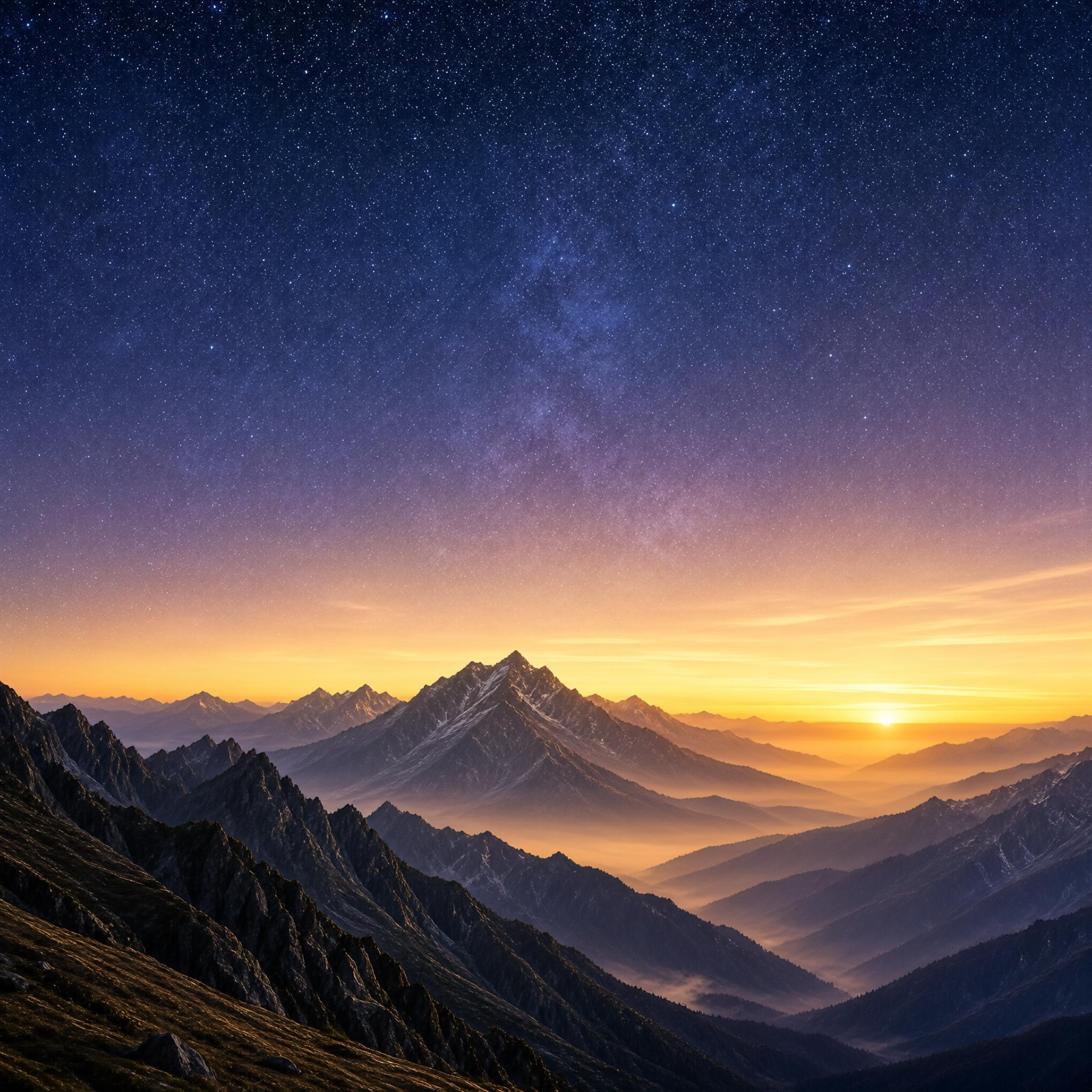 Mountain Sunrise Under Starry Sky
