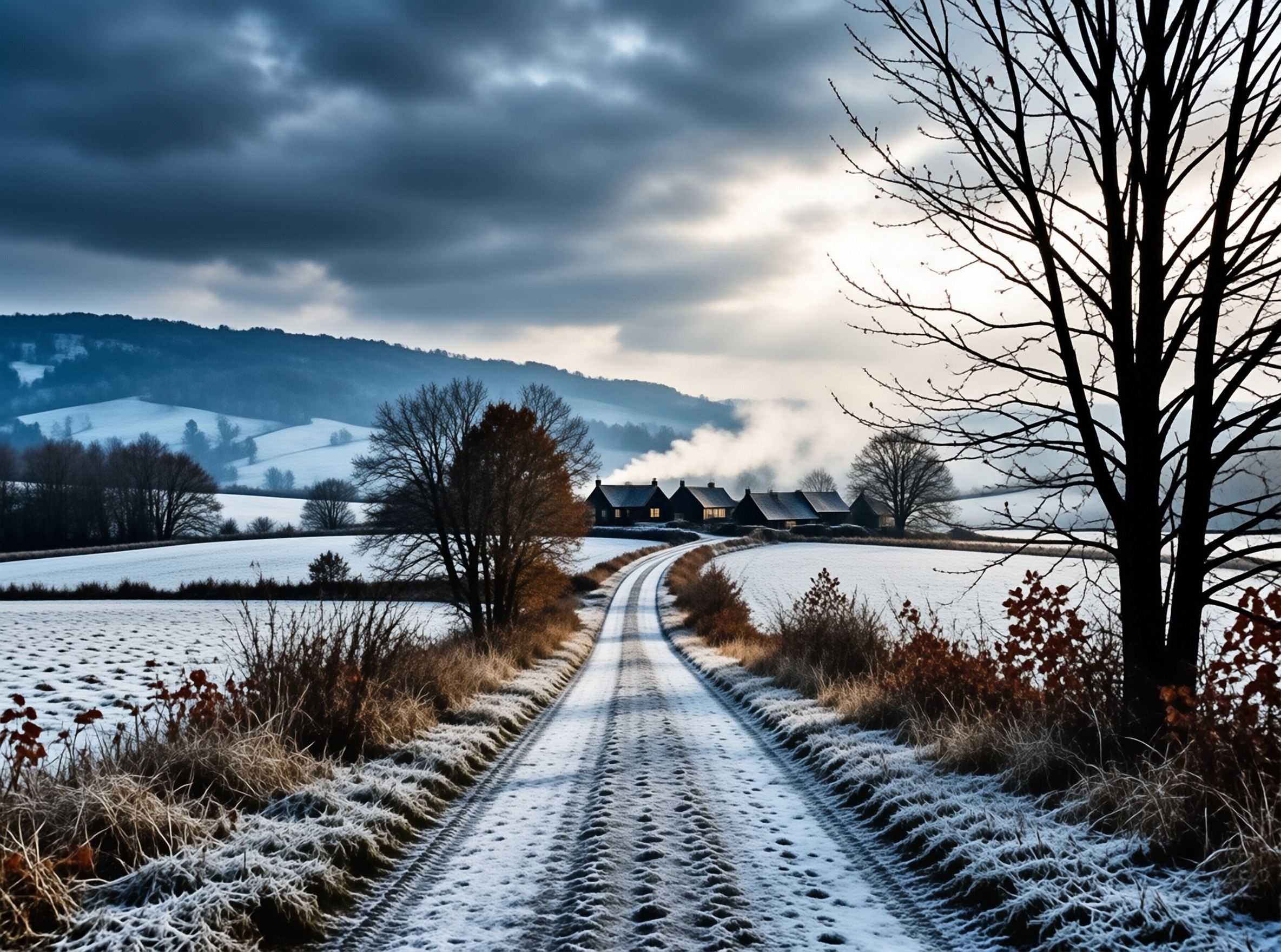 Snowy Road to Village