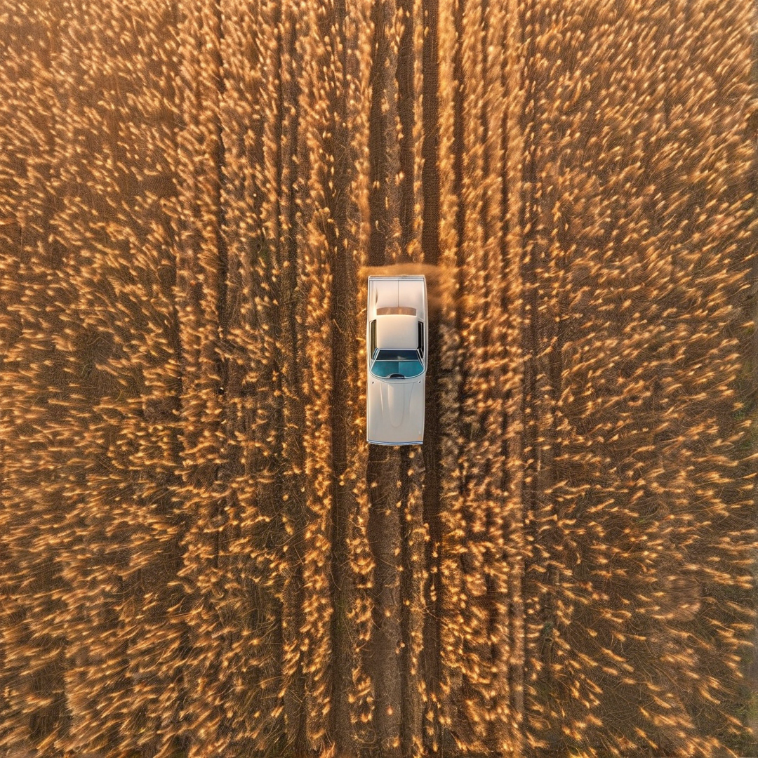 A white truck drives down a straight dirt track through a vast golden wheat field illuminated by warm sunlight.