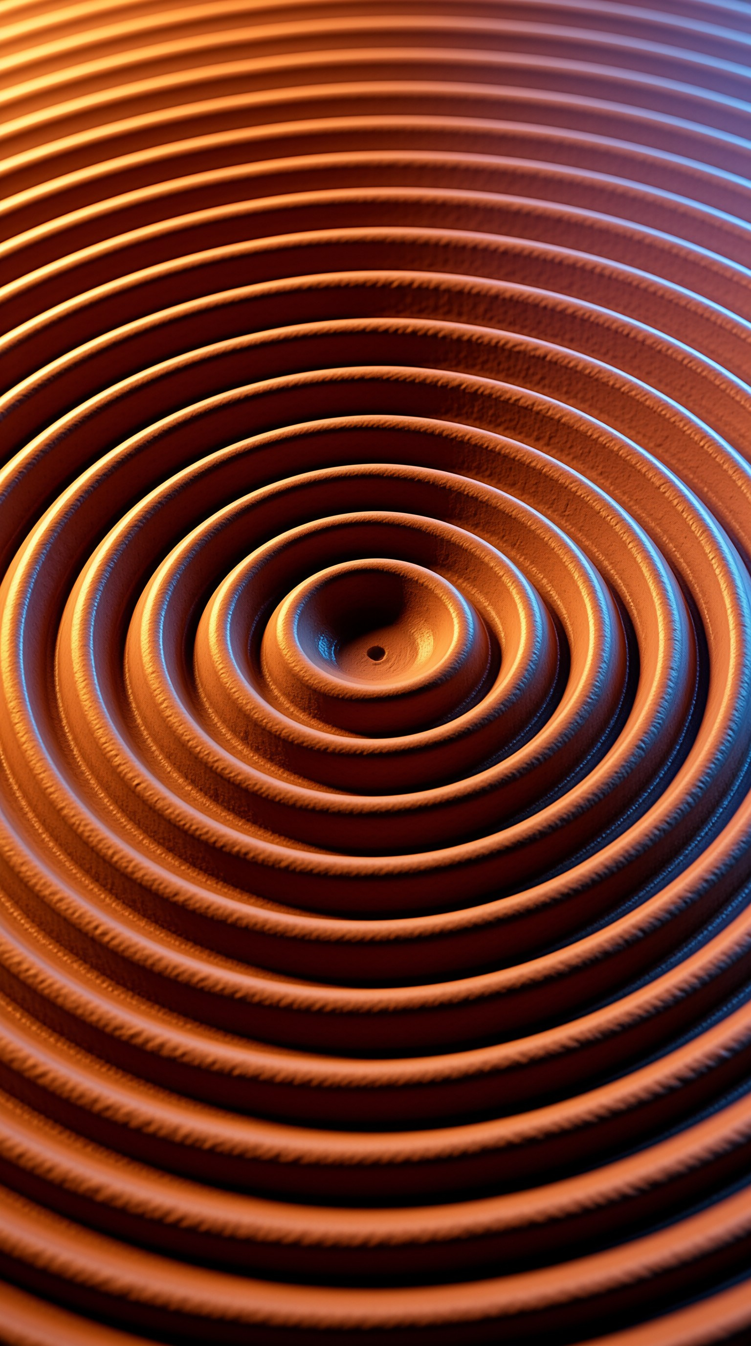 Polished copper ridges swirl outward in tight rings catching warm amber light with cool blue accents.
